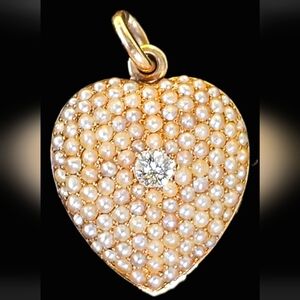 Antique 14k Yellow Gold Diamond Pave Seed Pearl Heart Locket Pendant 10.4 gram